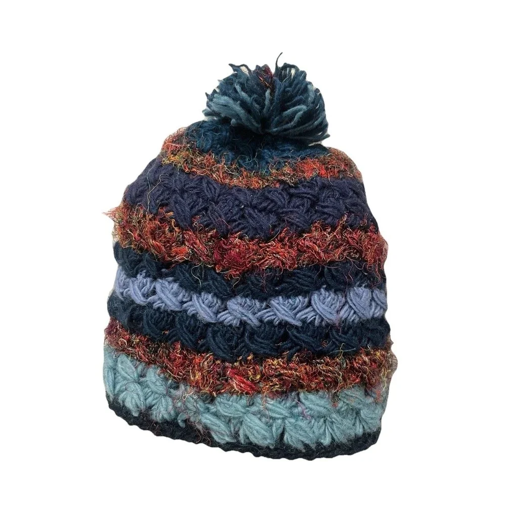 Zig Zag 100% Wool Fleece Lined Winter Ski Hat Pom Pom Made In Nepal